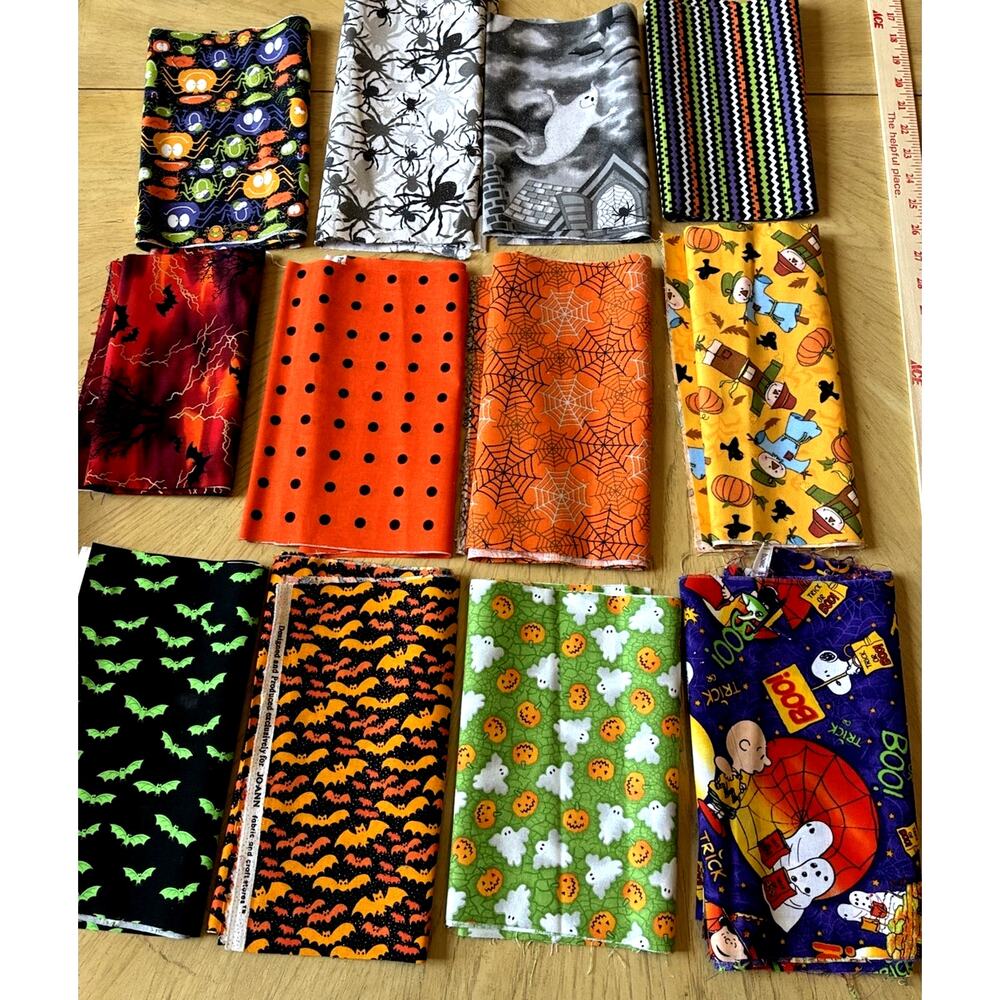 Lot 12 Halloween Cotton Fabric Destash Prints Cats Bats Ghosts Snoopy 42”x10”
